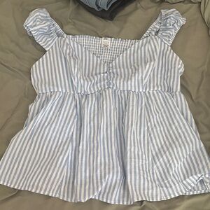 Maternity Blue and White Striped Ruffle Sleeve Tank Top